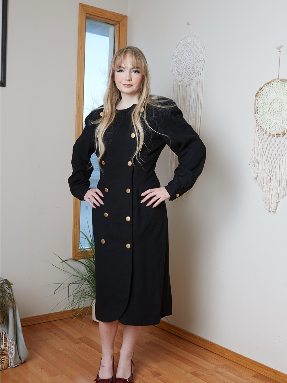 Nipon Boutique Black Midi Dress with Gold Buttons Virgin Wool vintage 80s